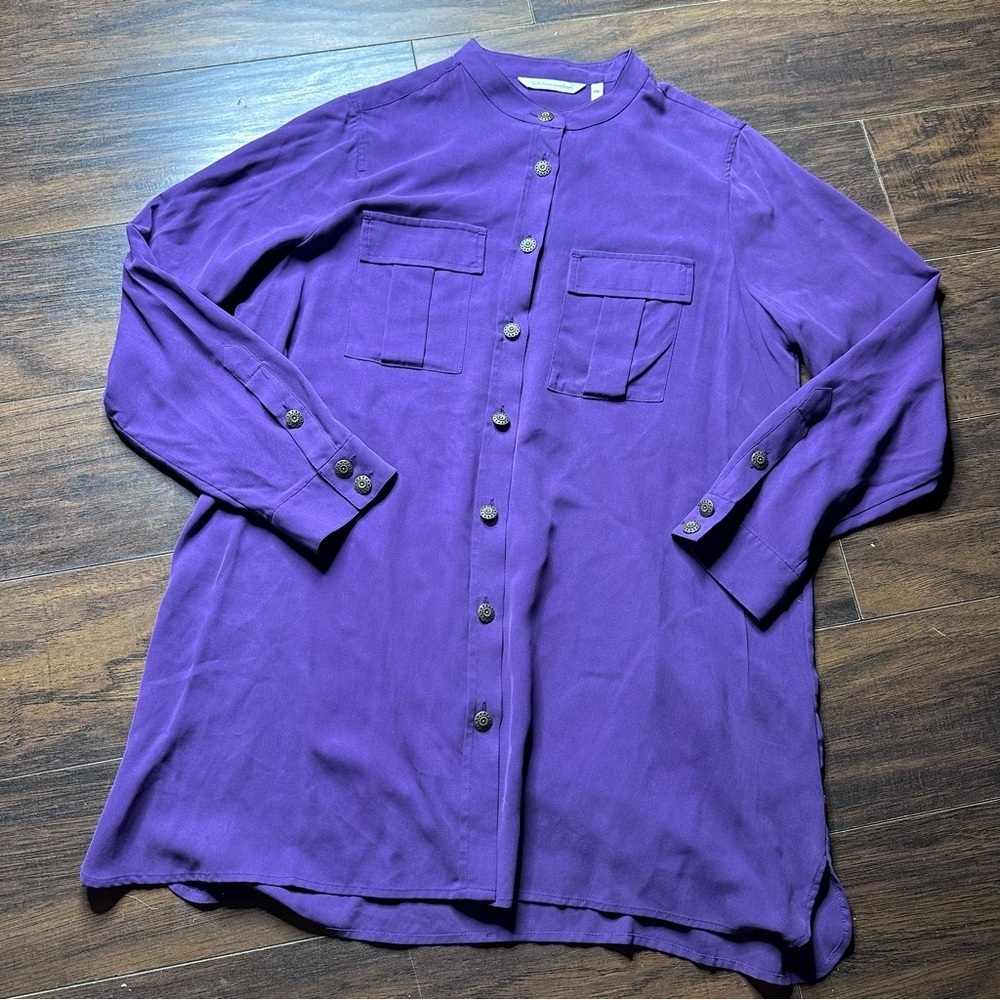 Soft Surroundings Purple Silk Button Down Long Sleeve Tunic Shirt